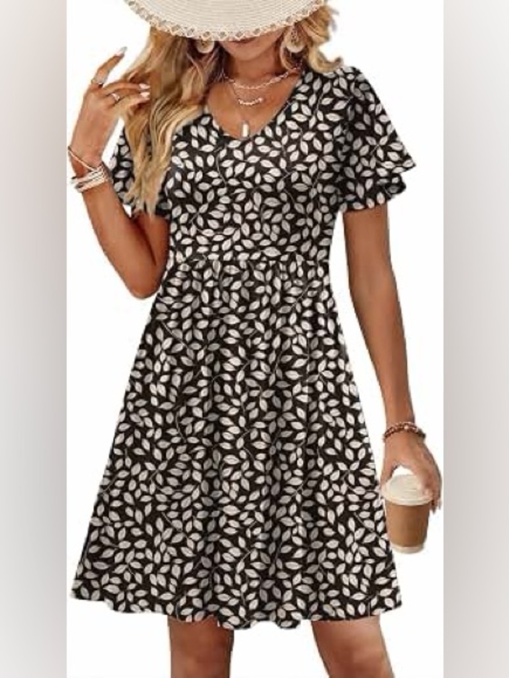 Black & White Leaf Print V-Neck Women's Dress